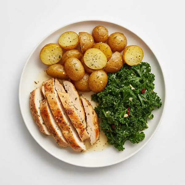 Napoli style Herb Chicken with baked potato and Garlic Sautéed Kale
